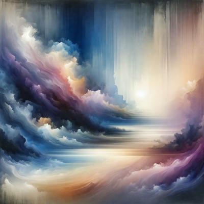 The primary subject of the image is a painting of a cloudy sky. The setting is a cloudy sky with a sun peeking through, creating a dramatic and moody atmosphere. The visual style is a painting, which showcases the artist's skill in capturing the cloudy sky and the sun's rays. The colors and mood are predominantly dark and dramatic, with the sunlight adding a touch of warmth and brightness to the scene.